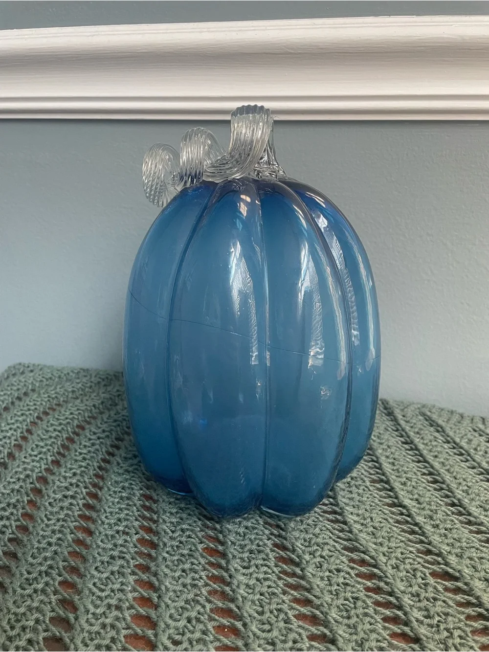 Blue Glass Pumpkin Decorative Accent with Clear Stem
